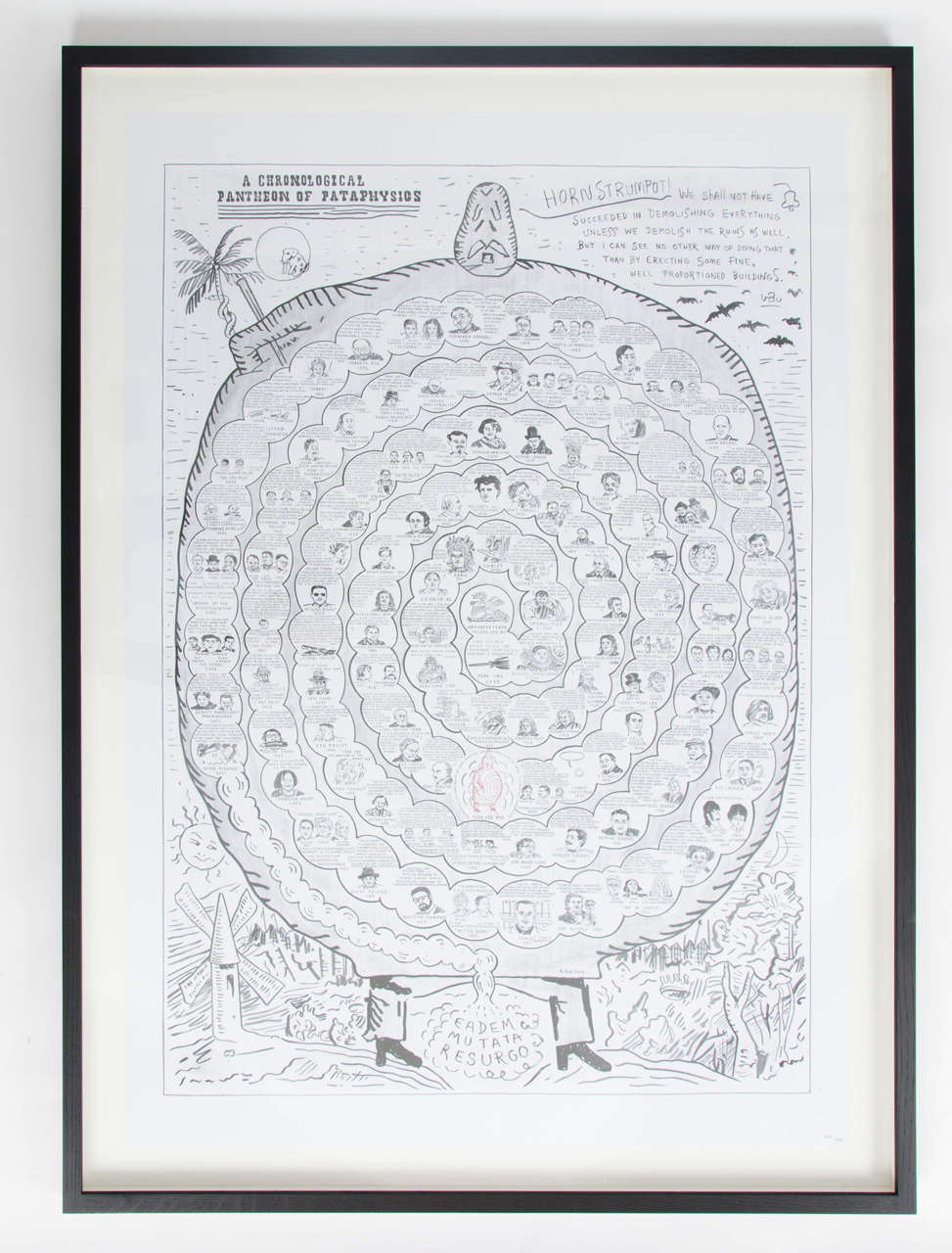 A 'quirky' print of the chronological pantheon of pataphysics commissioned by The Journal of the London Institute of Pataphysics. By the artist Adam Dant Edition 233/499.