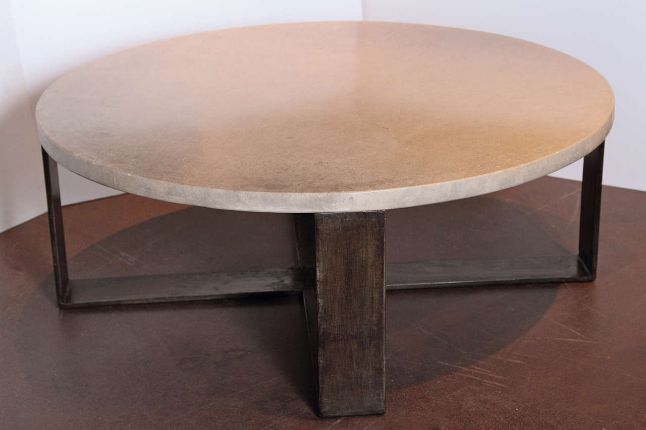 Contemporary Limestone Top with X-Base Steel Coffee Table