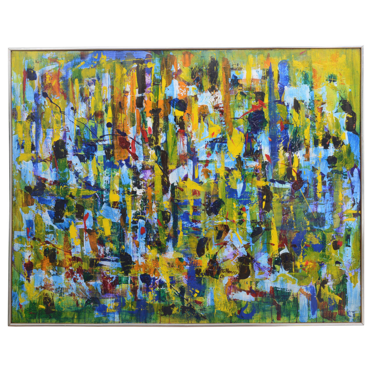Gorgeous Brightly Colored MCM Abstract Painting by TC Harvey, 1969, USA For Sale