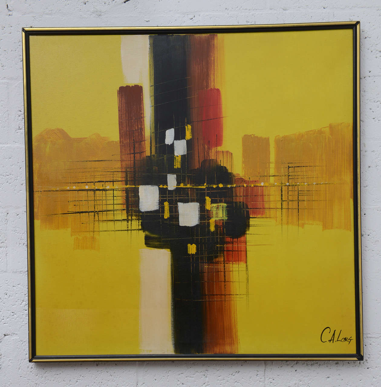 Beautiful framed MCM geometric acrylic painting by C.A.Long.  Perfect for any MCM setting in terms of color and composition.  1960s USA