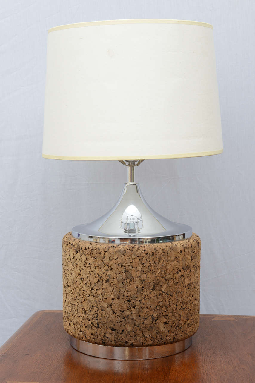 Beautiful pair of cork veneered and chrome plated table lamps with shades.  USA 1970s