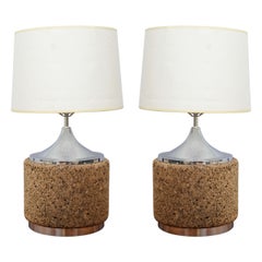 Beautiful pair of cork and chrome table lamps--1970s USA