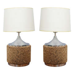 Beautiful pair of cork and chrome table lamps--1970s USA 11