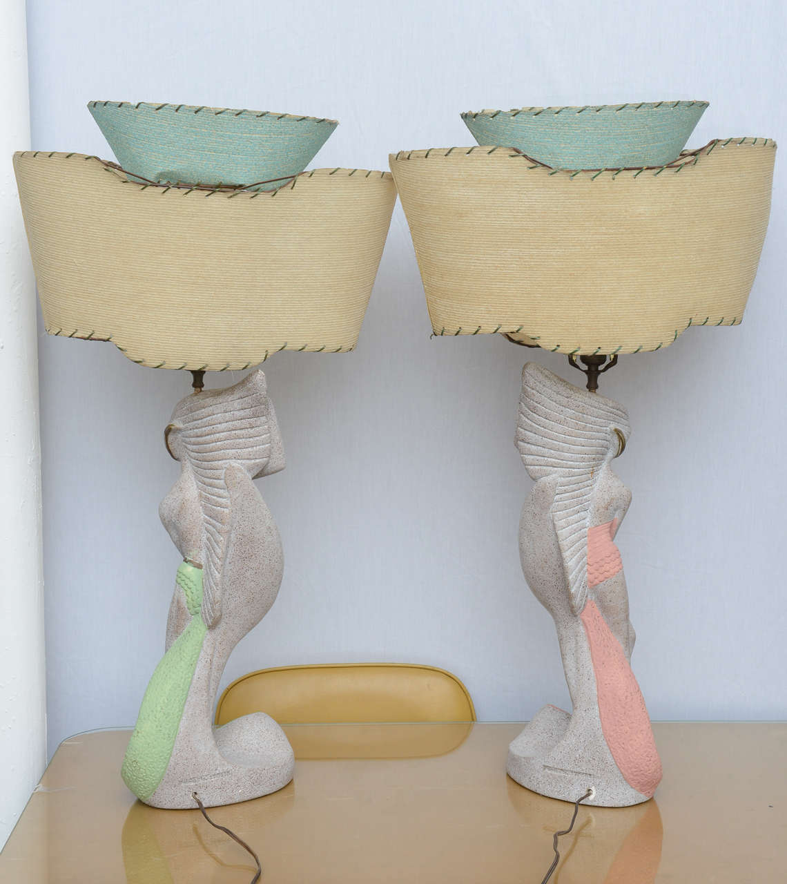 Gorgeous pair of Emil Bertolozzi lamps: Continental or deco tall figurines with custom shades, 1950s, Italy.