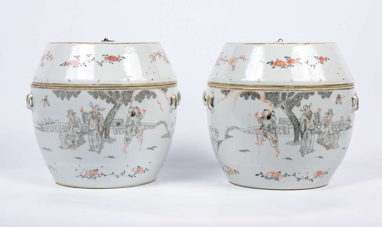 Pair of China porcelain covered jars. Canton.