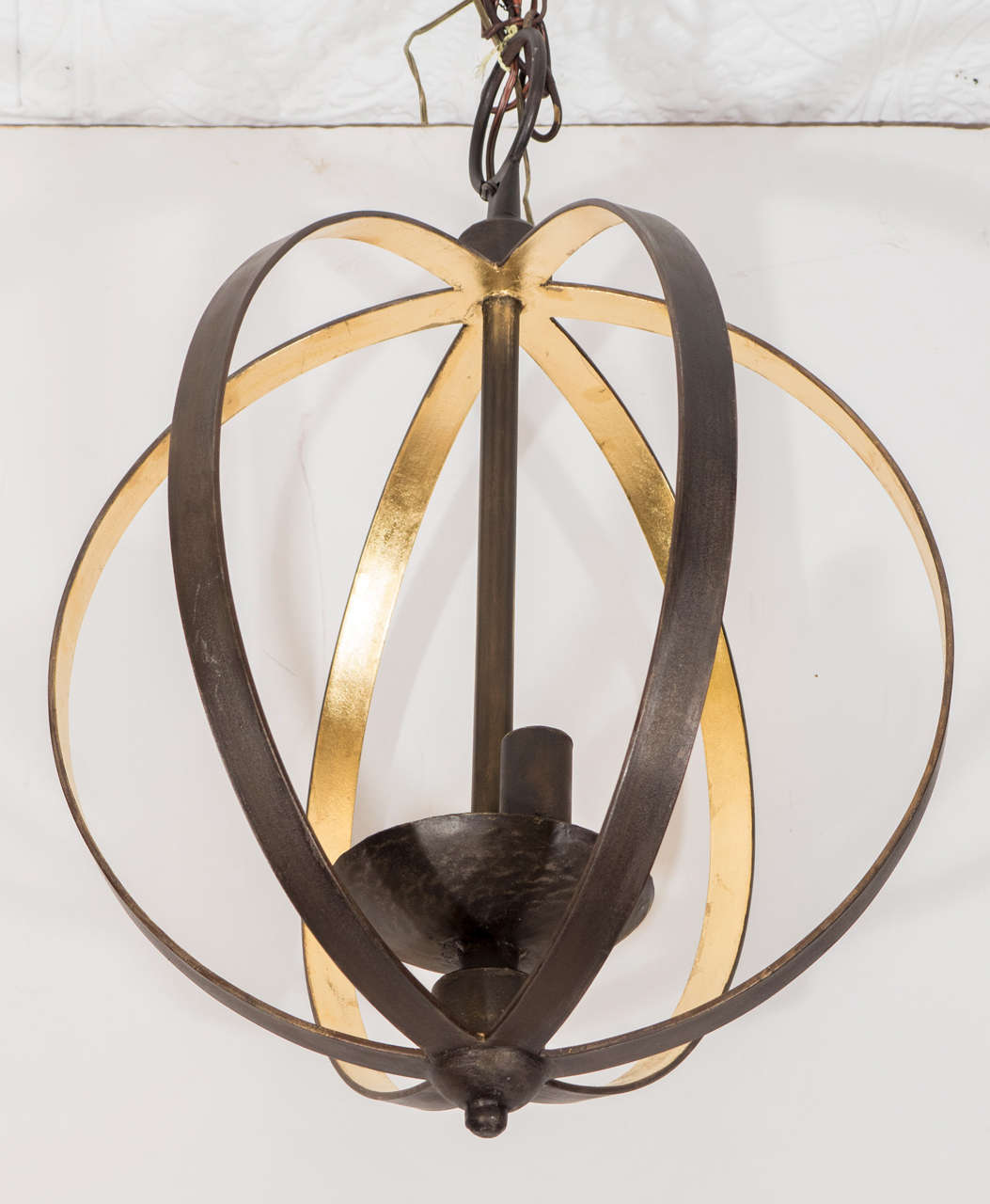 Round pendant light made of iron. Newly wired. Holds two bulbs. Gold Leaf on Interior.
Quantity available -priced per unit