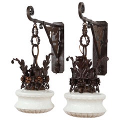Pair of Iron and Milk Glass Exterior Sconces