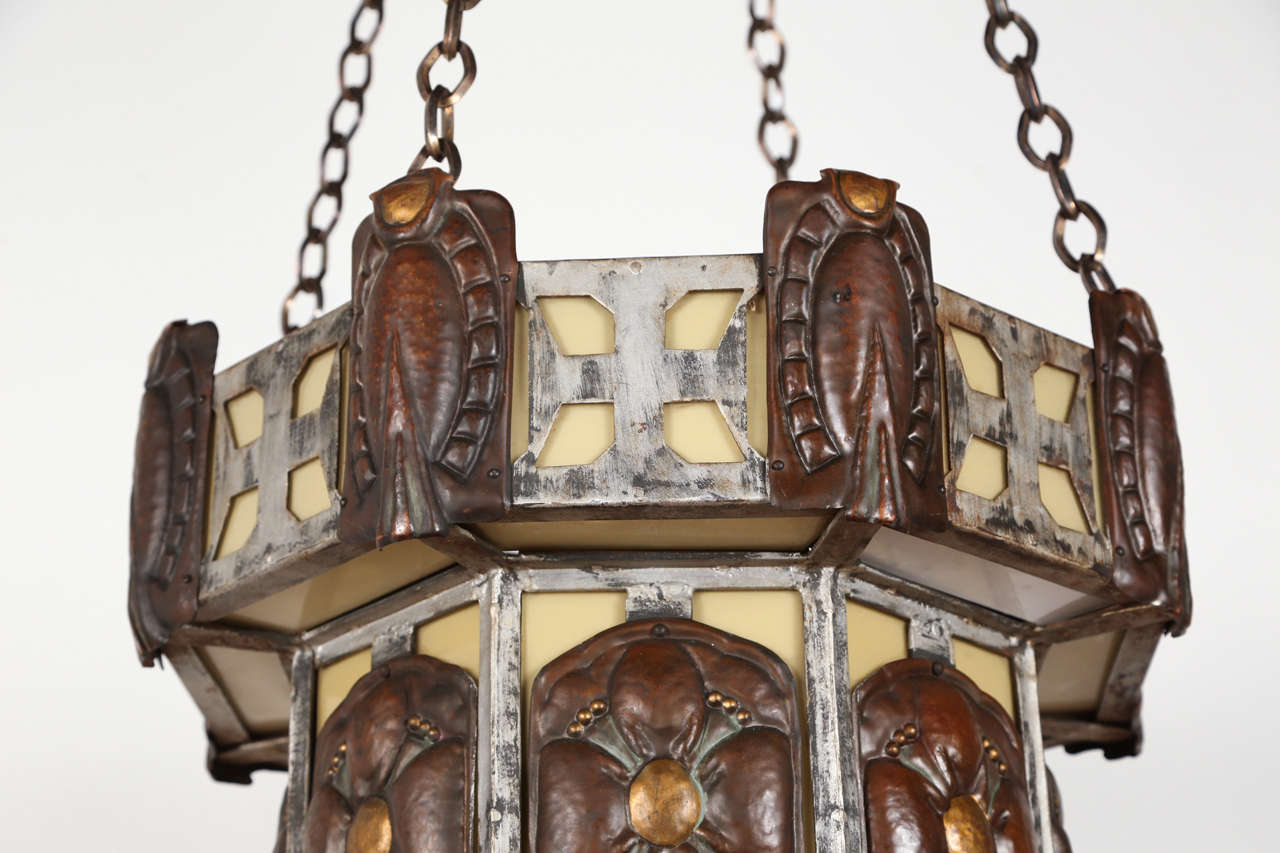 Hammered Copper and Iron Arts & Crafts Fixture In Good Condition For Sale In Los Angeles, CA