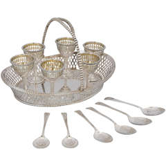 1900s Silver-Plate Basket of Egg Cups and Spoons