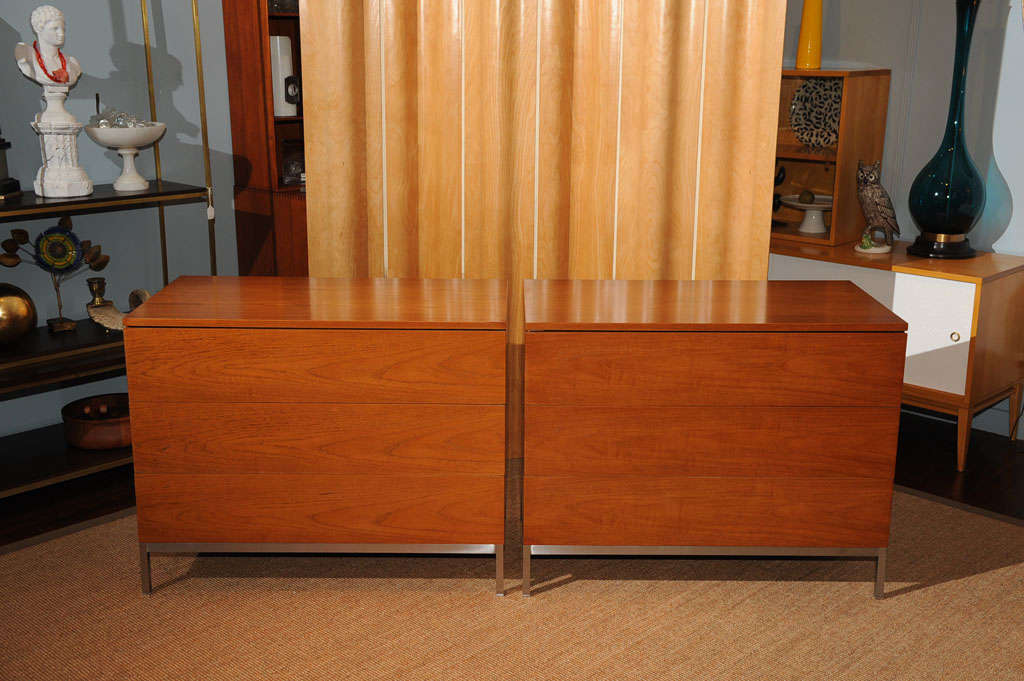 Knoll book matched original pair of walnut three drawer chests on chrome bases with fitted interiors, newly refinished.