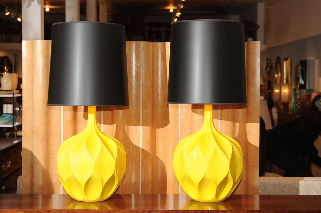 Pair of monumental ceramic yellow lamps. Shades not included.<br />
<br />
30