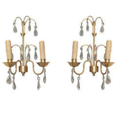 French Brass and Crystal Pair of Sconces