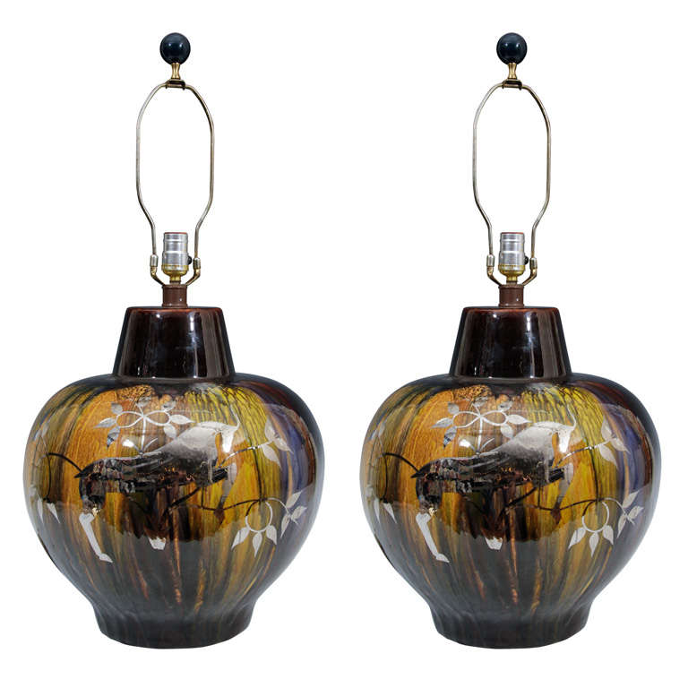 Pair of Mid Century Monumental Ceramic Lamps w/ Silver Overlay For Sale