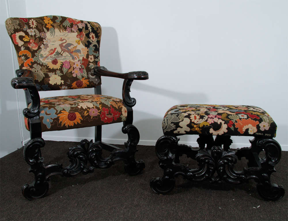 Pair of Mahogany and Petit-Pointe Armchairs w/ Matching Ottomans