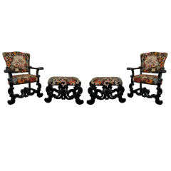 Pair of Mahogany and Petit-Pointe Armchairs w/ Matching Ottomans