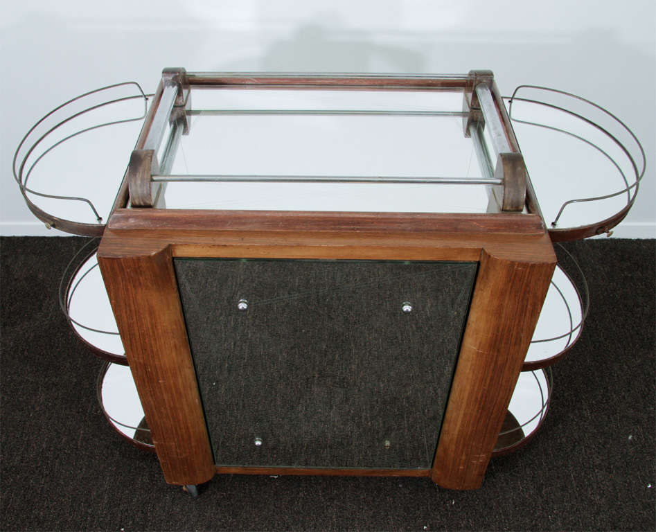 20th Century Vintage Art Deco  Bar Cart with Mirrored Revolving Cabinet Door