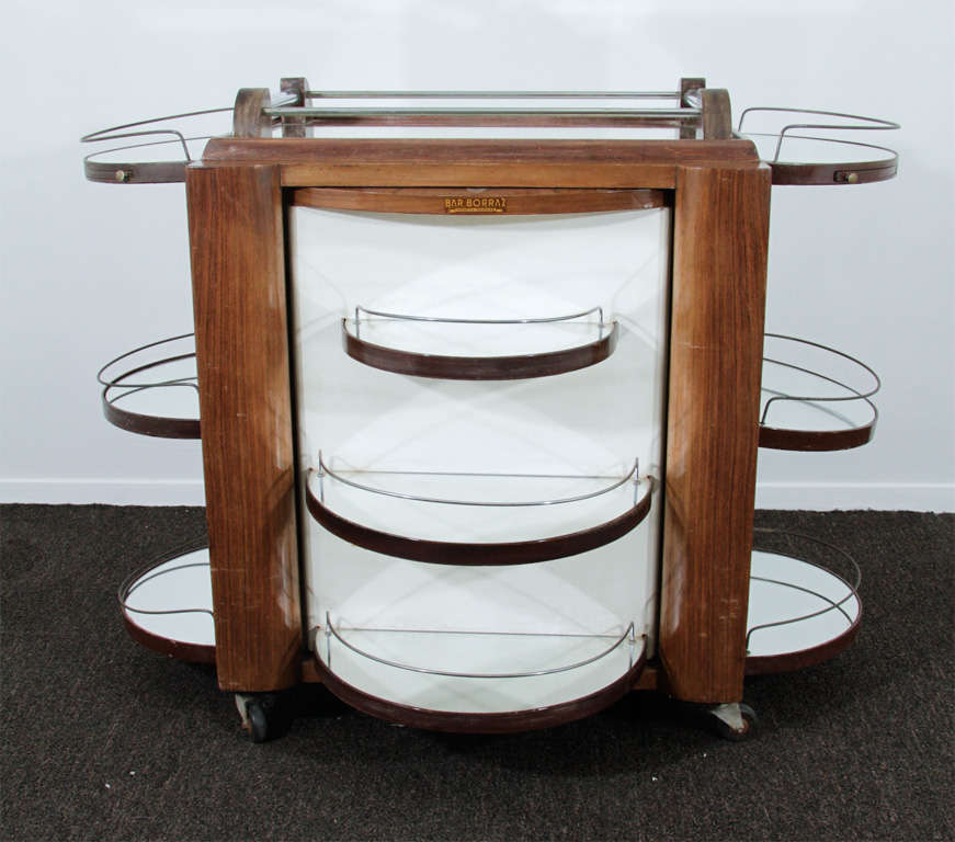 Walnut Vintage Art Deco  Bar Cart with Mirrored Revolving Cabinet Door