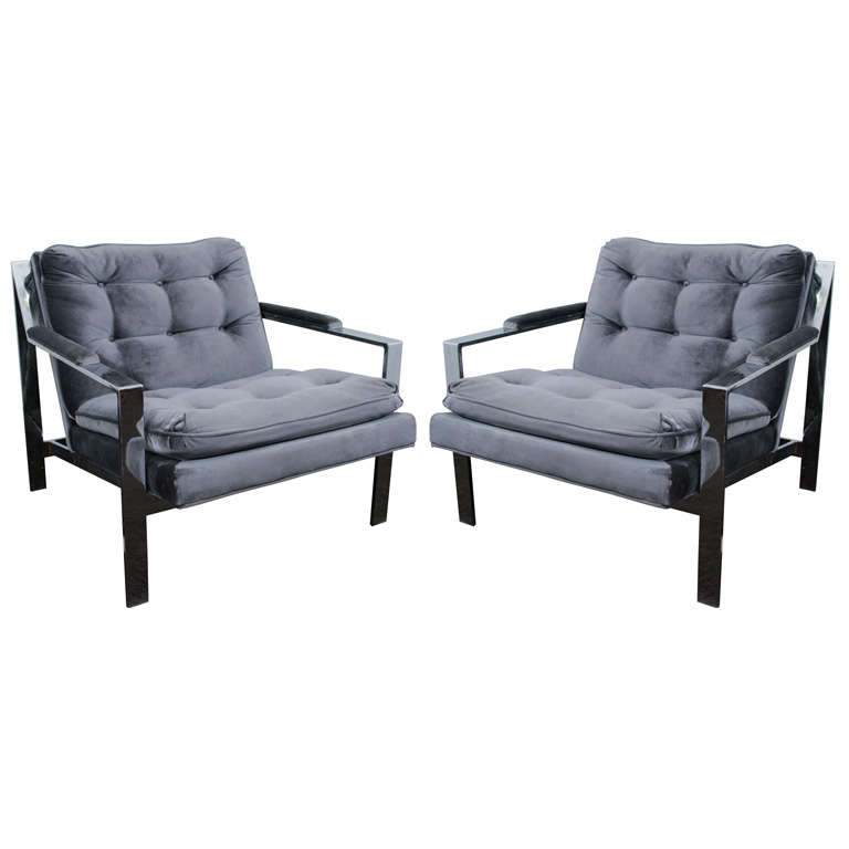Pair of Mid Century Milo Baughman Chrome Lounge Chairs