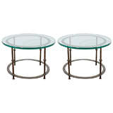Pair of Mid Century Iron Rod Accent Tables with Round Glass Tops