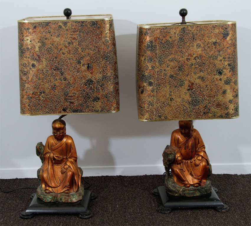 Pair Chinese Sage Table Lamps with Hand Screened Shades