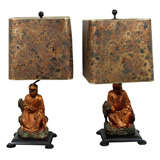 Vintage Pair Chinese Sage Table Lamps with Hand Screened Shades