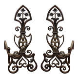 Pair Arts and Crafts Fleur de Lis Iron and Brass Andirons