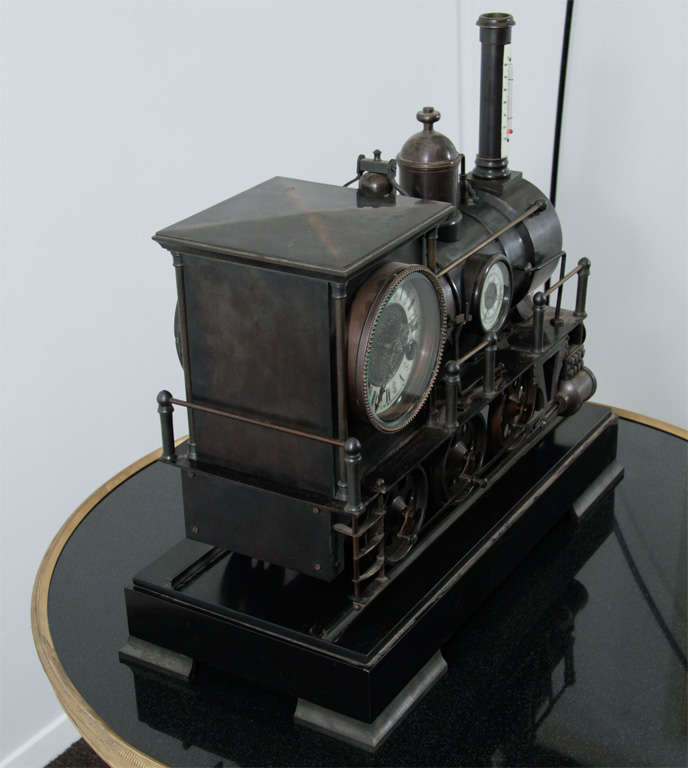 Steel Steam Locomotive Clock on Black  Marble Base 2