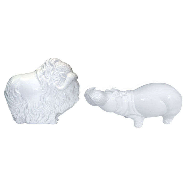 Mid-Century Italian Ceramic Hippo and Musk Ox Figures For Sale