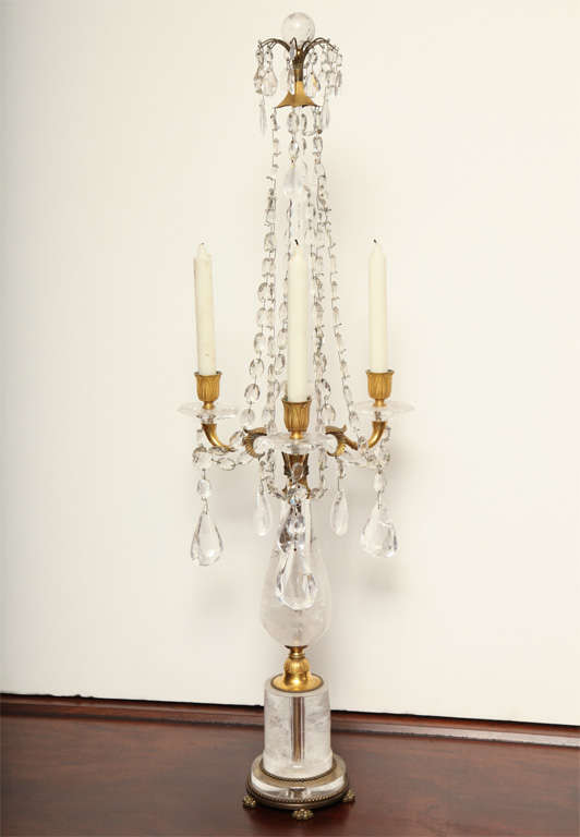19th Century Bronze, Gilt Bronze and Rock Crystal Candelabra. Three Candle.