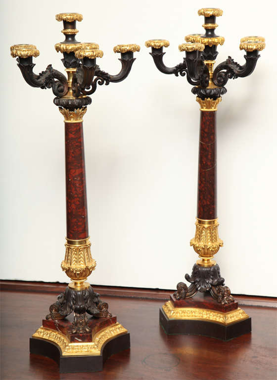 Pair of 19th Century French, Bronze,Gilt Bronze,Belgian Black Marble Base With Red Marble Shaft. Six Candleholders