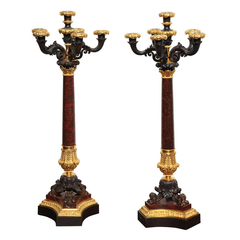 Pair of 19th Century French, Bronze and Marble Candelabra im Angebot