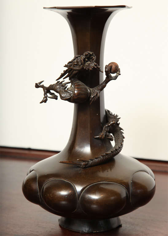 19th Century Japanese Bronze Vase With a Dragon Encircling the Neck