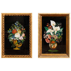 Pair of Floral Hudson Valley Reverse Paintings on Glass