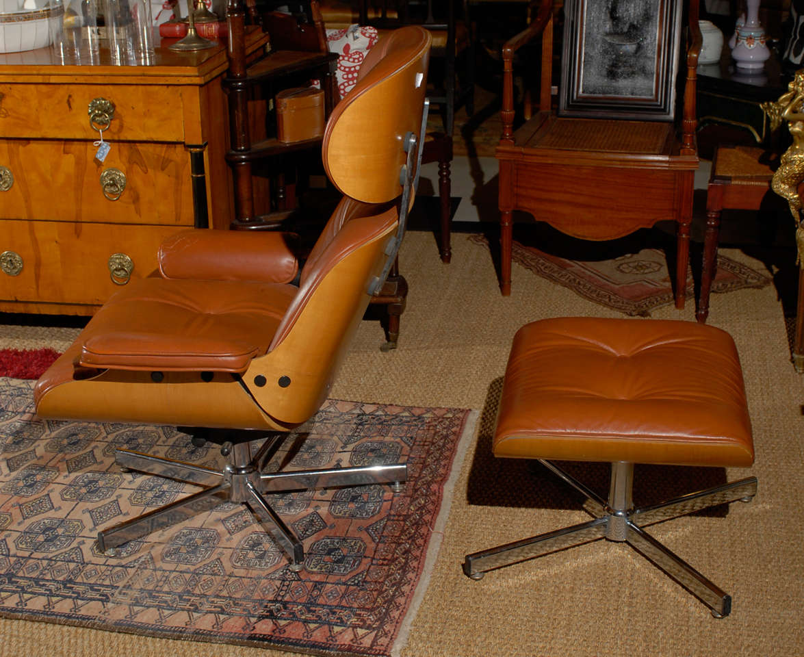 Leather Pair of Eames Style Lounge Chairs and Ottomans