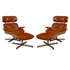 Vintage Pair of Eames Style Lounge Chairs and Ottomans