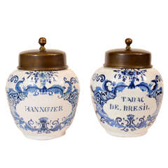 Antique A Pair of Small Dutch Delft Blue and White Tobacco Jars