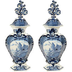 A Pair of Dutch Delft Blue and White Mantle Vases