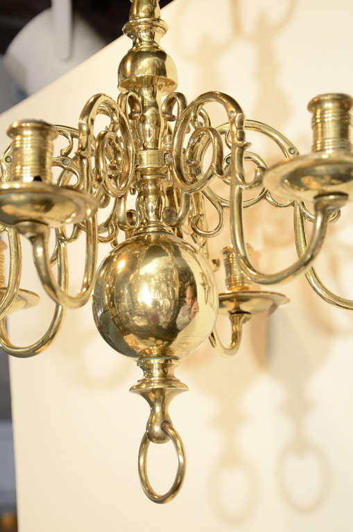 Six-Light Dutch Brass Antique Chandelier In Excellent Condition In Katonah, NY