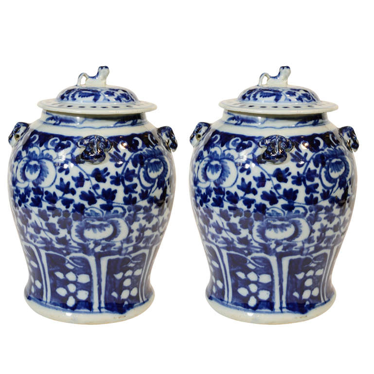 Pair Large Antique Chinese Porcelain Blue and White Covered Jars (Vases)