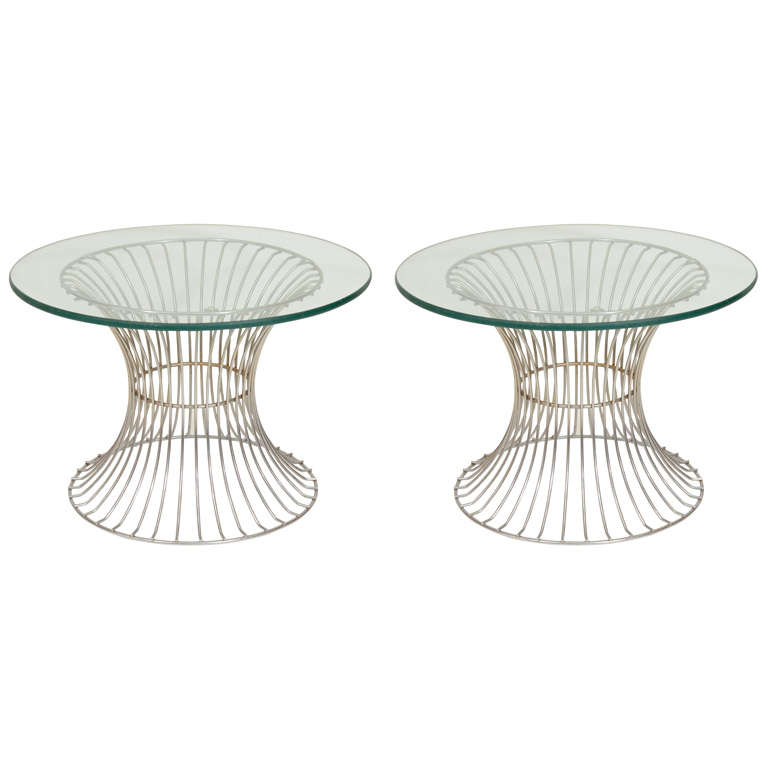 Pair of Mid Century Chrome Wire-Base Glass-Top Side Tables