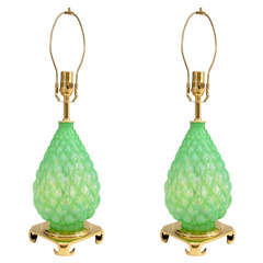 Pair of Mid Century Iridescent Green "Artichoke" Form Murano Glass Lamps