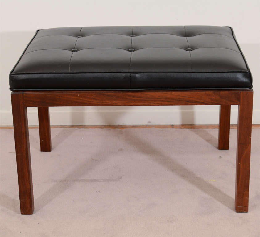 Pair of Mid Century Benches in Walnut and Tufted Black Vinyl