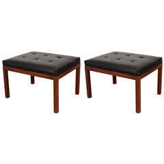 Pair of Mid Century Benches in Walnut and Tufted Black Vinyl