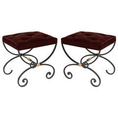 Pair of Vintage Stools with Scrolled Wrought Iron Bases