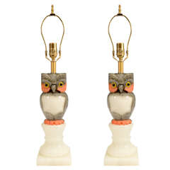 Pair of Mid Century Alabaster Owl Table Lamps