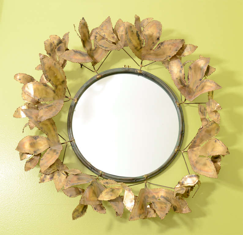 Mid Century Sculptural Brass Leaf Mirror by Curtis Jere