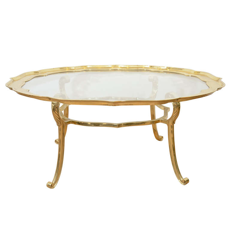 Hollywood Regency Asian-Inspired Brass Frame Coffee Table with Glass Top
