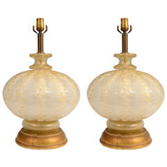 Pair of Mid Century Gold-Flecked Murano Glass Barovier and Toso  Lamps