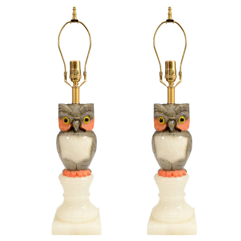 Pair of Mid Century Alabaster Owl Table Lamps at 1stDibs