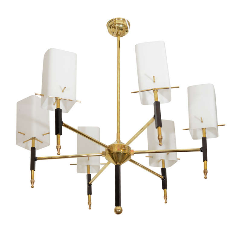 Mid Century SixArm Stilnovo Chandelier w/ Frosted Glass Shades at 1stDibs